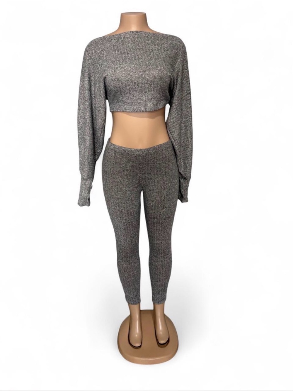 Fashion Nova Gray Ribbed Knit Crop Top & Legging Set